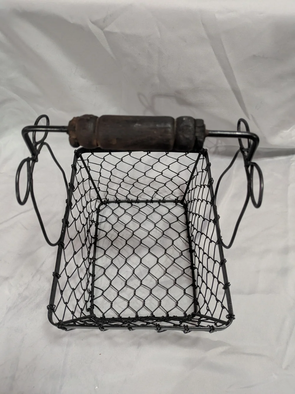 Vintage Farmhouse Wire Egg Basket with Wood Handle & Wire Pear Accents
